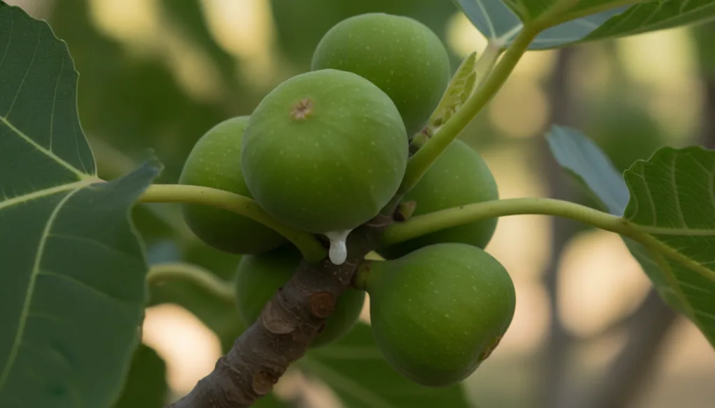 A cluster of unripe green figs growing on a tree branch with some sap visible at a recent detachment point