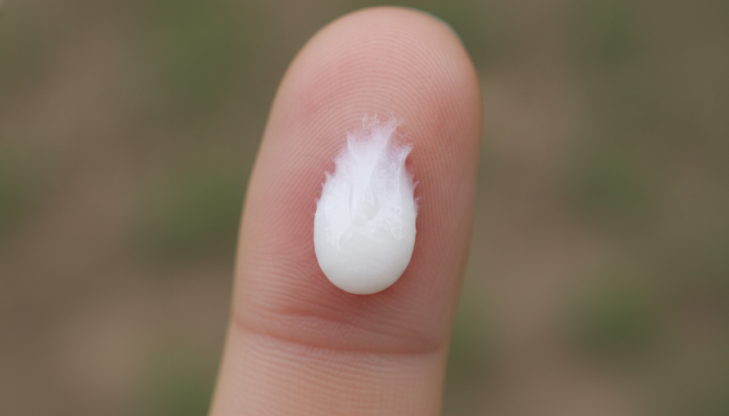 A finger with a single drop of thick white milky fig sap on it emphasizing its texture and color