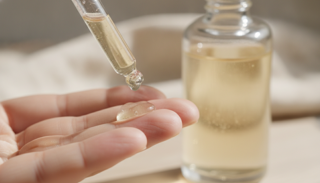 Close-up of a glass dropper bottle containing the DIY anti-aging face serum with a few drops being dispensed onto a fing