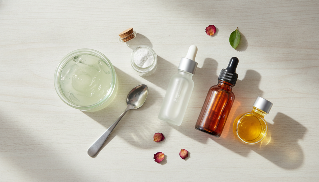 Ingredients for a DIY face serum laid out on a clean counter aloe vera gel niacinamide powder hyaluronic acid serum rose