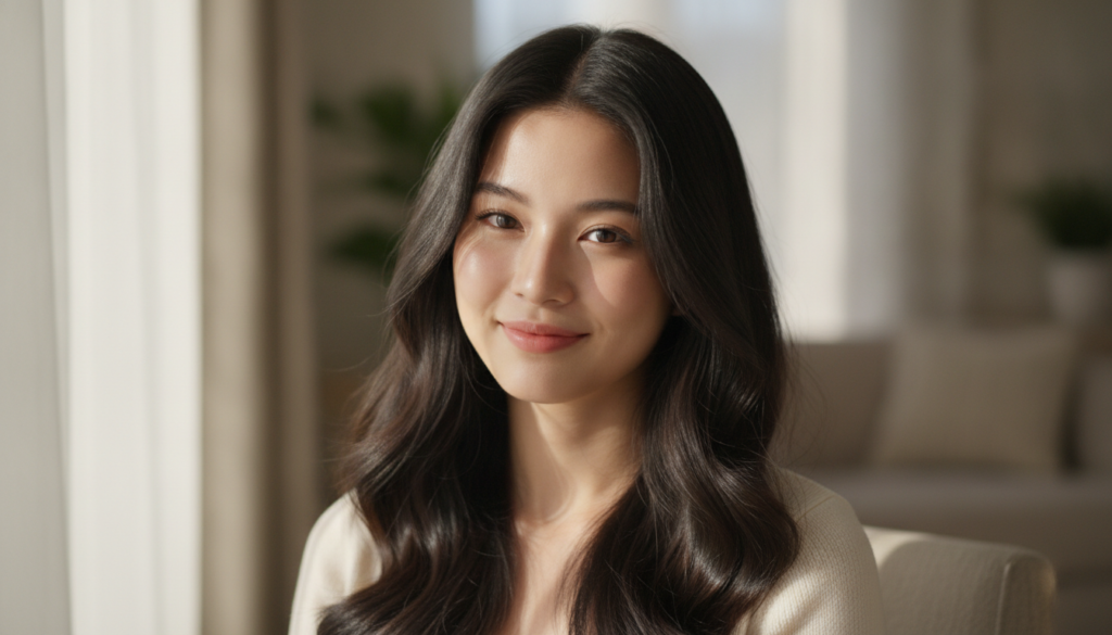 A woman with shiny darker looking hair smiling confidently in a natural light setting