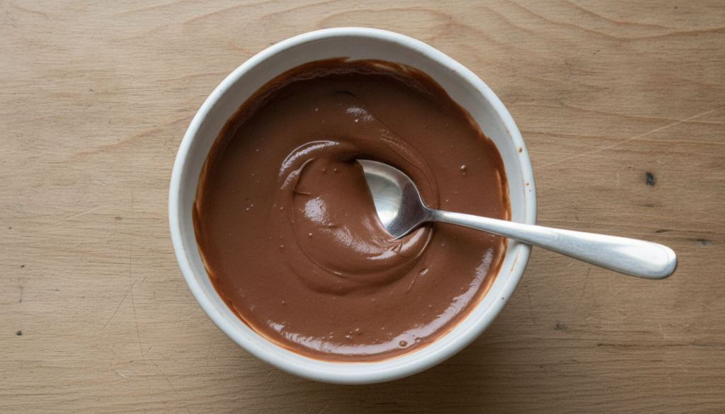 A white bowl filled with a dark brown natural hair paste with a spoon resting in it on a clean rustic wooden table