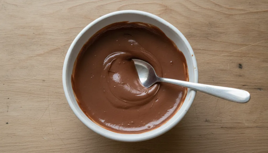 A white bowl filled with a dark brown natural hair paste with a spoon resting in it on a clean rustic wooden table