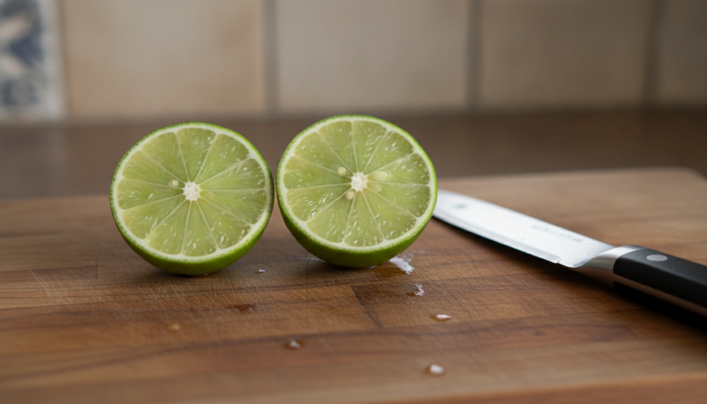 A close-up of a fresh green lime cut in half on a wooden cutting board with a knife beside it
