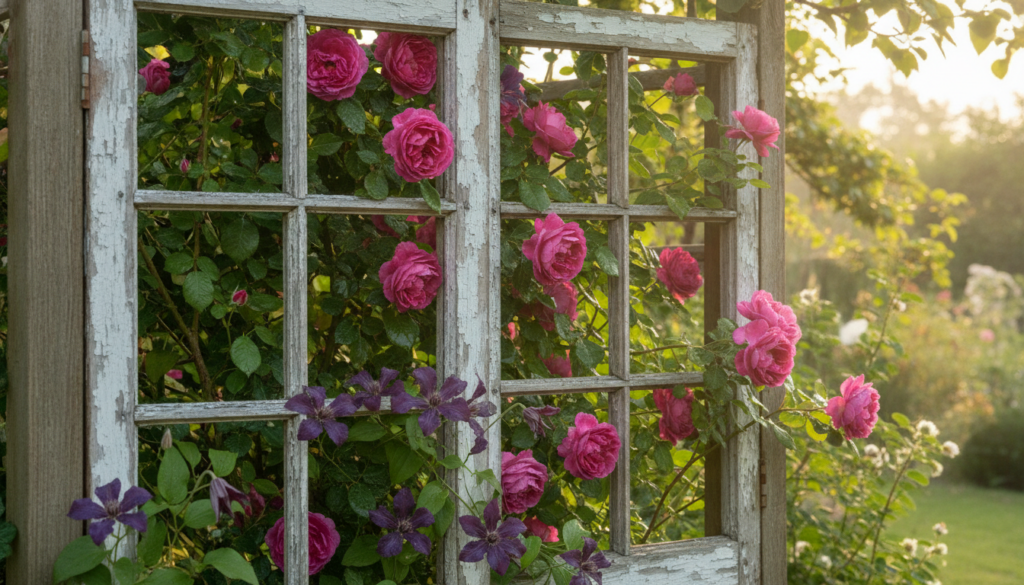 Close-up of a DIY garden trellis made from old window frames showing climbing roses and clematis weaving through the pan
