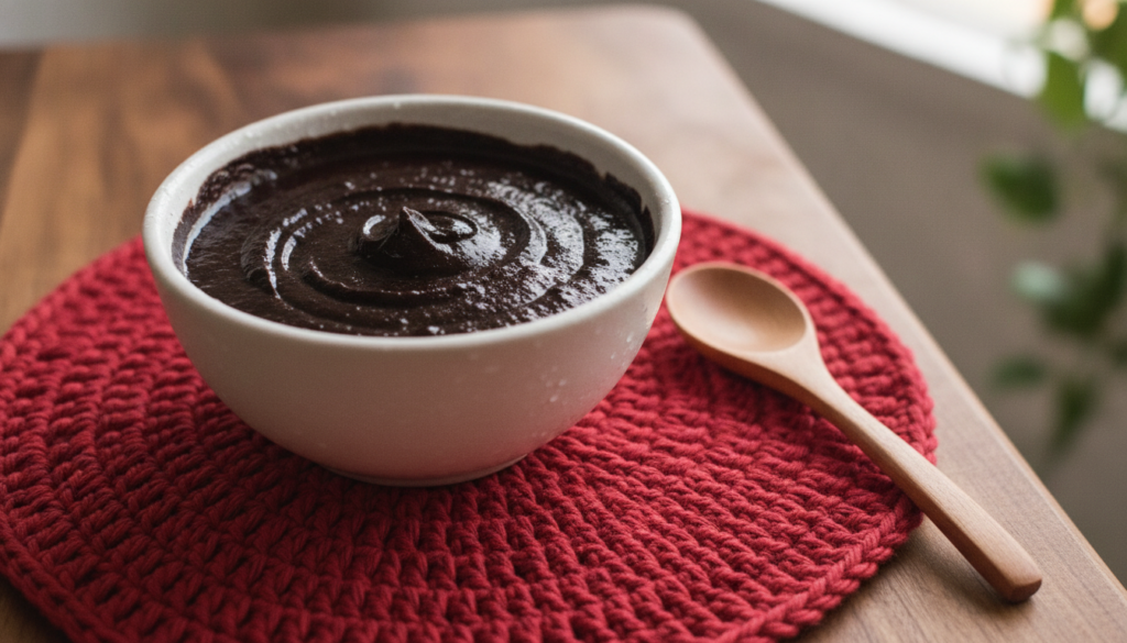 A close-up of the dark rich hair paste in a white bowl on a red mat with a spoon ready for application