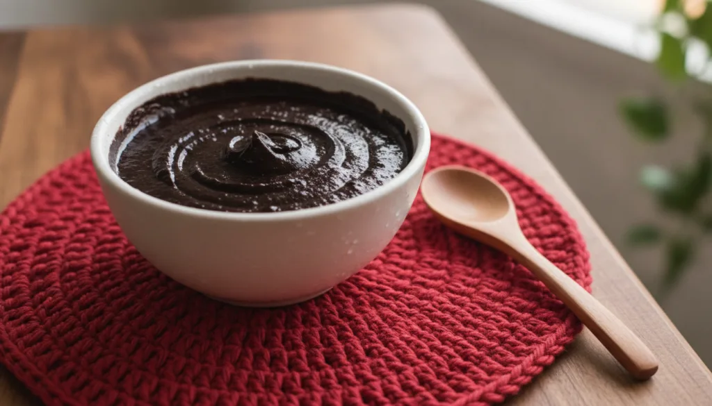 A close-up of the dark rich hair paste in a white bowl on a red mat with a spoon ready for application