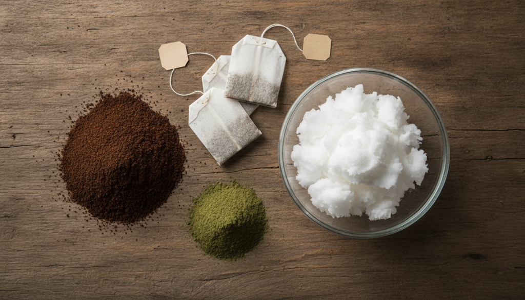 Various ingredients for the natural hair paste including coffee grounds black tea bags amla powder and a small bowl of c