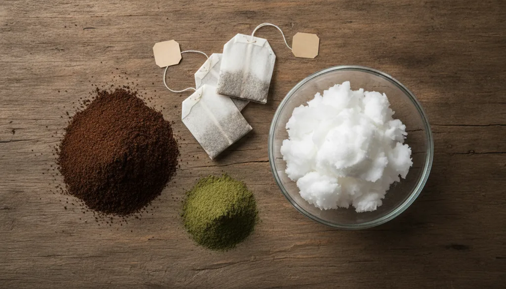 Various ingredients for the natural hair paste including coffee grounds black tea bags amla powder and a small bowl of c