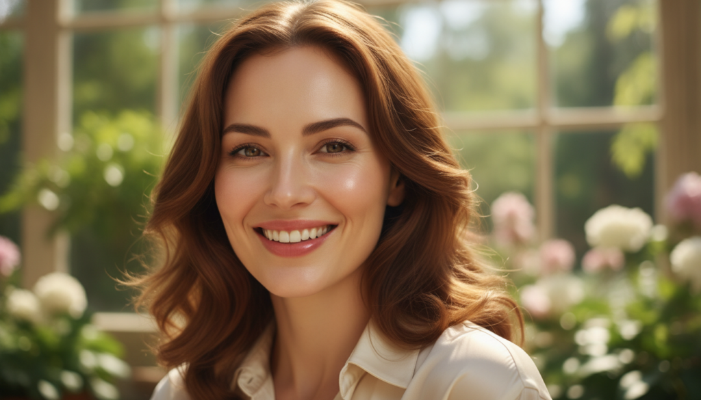 A woman smiling confidently her skin looking visibly brighter and more radiant suggesting the positive results of a natu