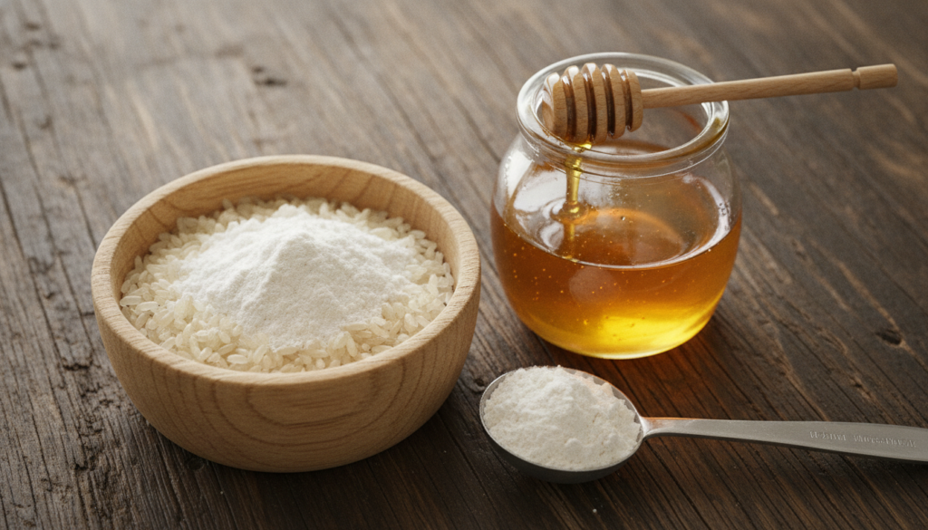 A close-up of a small bowl containing white rice grains and rice flour with a jar of honey and a measuring spoon nearby 