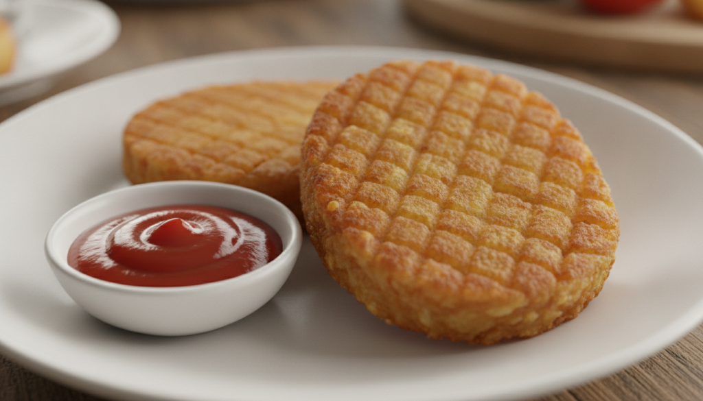 Golden-brown crispy hash browns patties served with ketchup on a white background