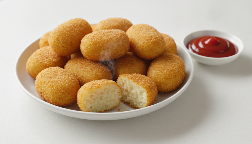 Crispy potato nuggets golden brown with one cut open revealing a soft interior served with ketchup
