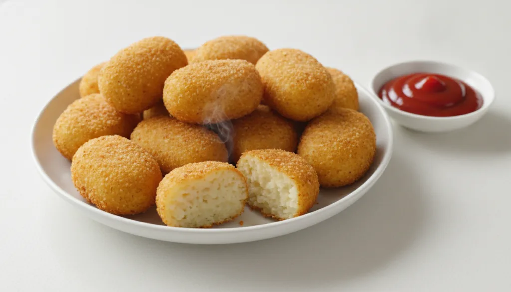 Crispy potato nuggets golden brown with one cut open revealing a soft interior served with ketchup