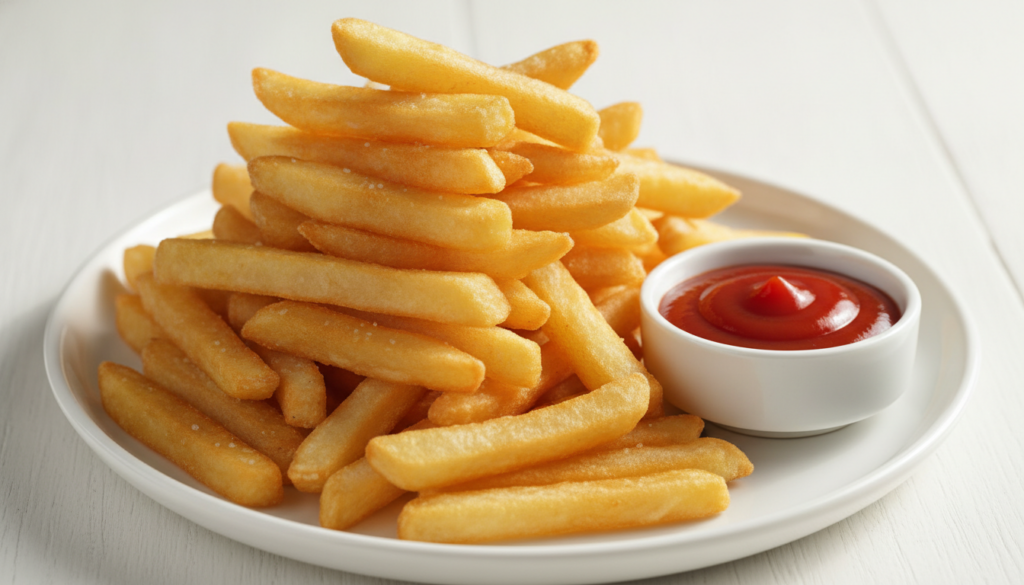 Classic golden-brown French fries piled on a white plate with a side of vibrant red ketchup