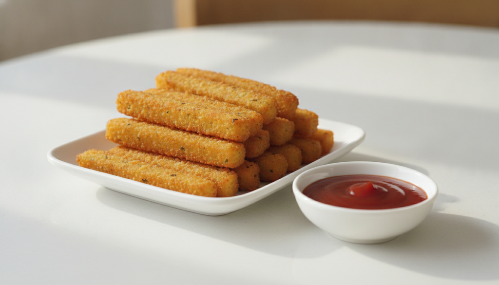 Crispy golden aloo fingers served with a side of red ketchup on a white plate