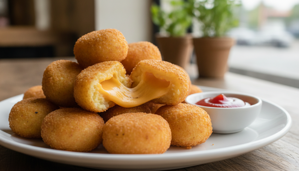 Small golden-brown crispy potato pops with one cut open revealing melted cheese served with ketchup