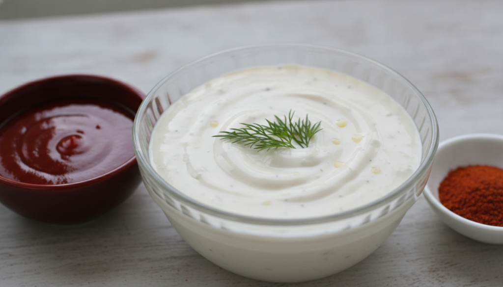 A bowl of creamy white spicy ranch sauce garnished with fresh dill next to small dishes of hot sauce and cayenne pepper 