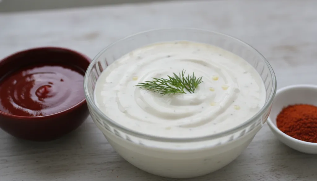 A bowl of creamy white spicy ranch sauce garnished with fresh dill next to small dishes of hot sauce and cayenne pepper