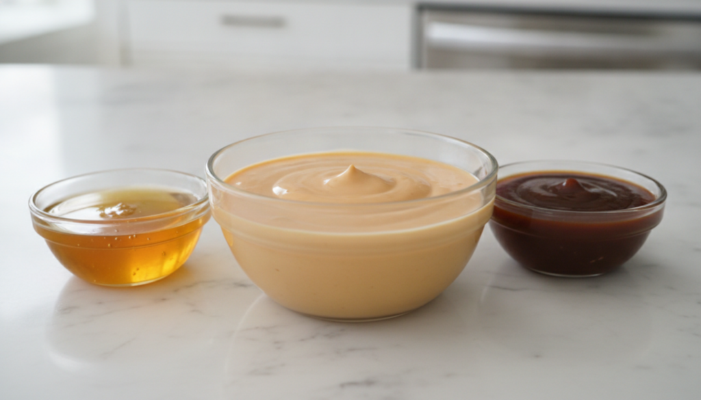 A bowl of light orange Chick-fil-A style sauce next to small dishes of BBQ sauce and honey on a white surface