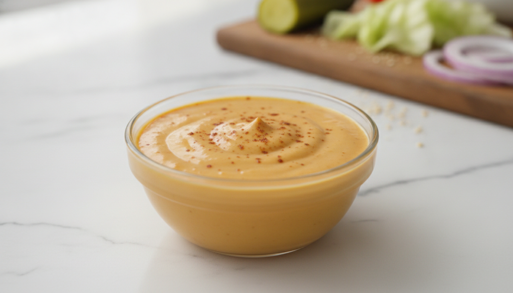 A bowl of creamy orange Big Mac sauce garnished with a sprinkle of paprika next to a small dish of sweet pickle relish o