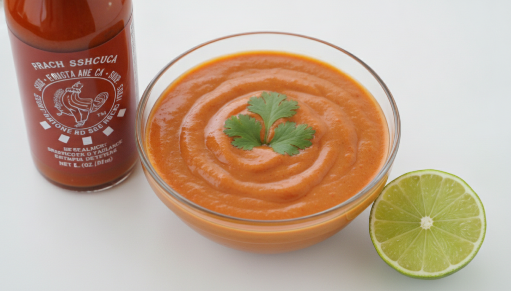 A bowl of creamy orange-red sriracha sauce garnished with fresh cilantro next to small dishes of sriracha sauce and a sl
