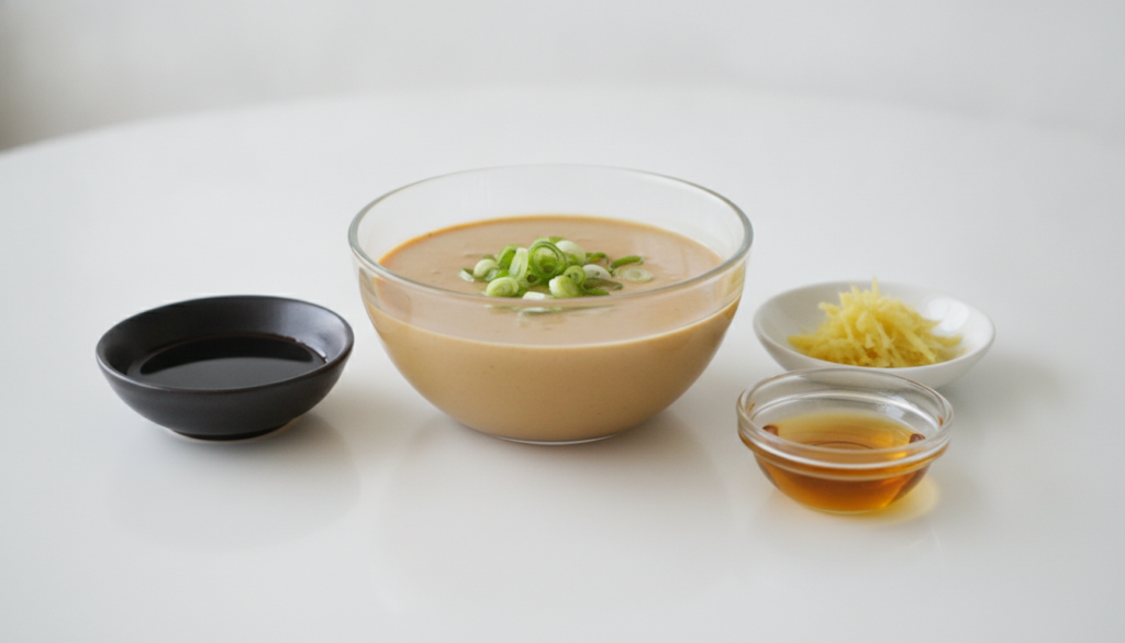 A bowl of light brown sesame ginger sauce garnished with green onion next to small dishes of soy sauce grated ginger and