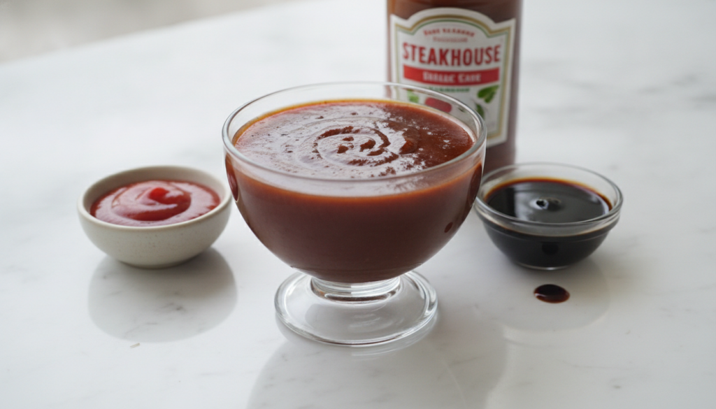 A bowl of rich reddish-brown steakhouse sauce next to small dishes of ketchup Worcestershire sauce and steak sauce on a 