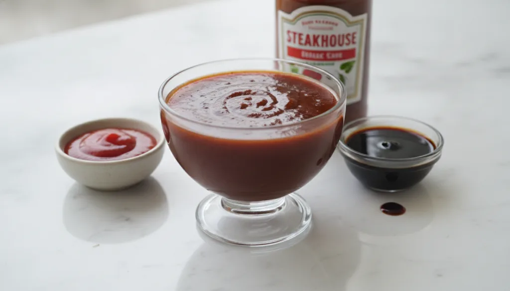 A bowl of rich reddish-brown steakhouse sauce next to small dishes of ketchup Worcestershire sauce and steak sauce on a