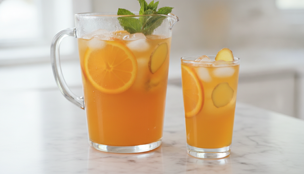 A refreshing bright orange citrus ginger hydrator drink with ice and orange slices in a glass pitcher with a glass next 