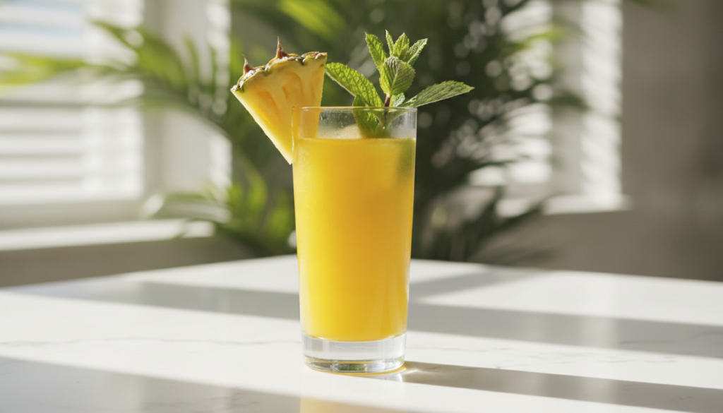 A vibrant yellow tropical turmeric energizer drink in a tall glass garnished with a pineapple wedge and a mint sprig on 