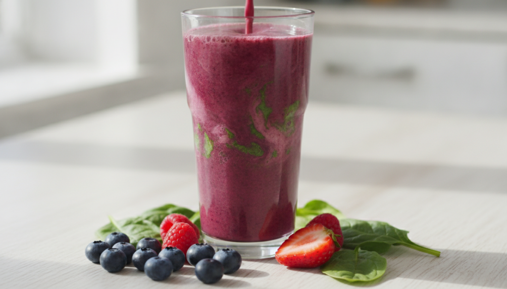 A vibrant purple-red berry and spinach kickstart smoothie in a glass with fresh berries and spinach leaves scattered aro