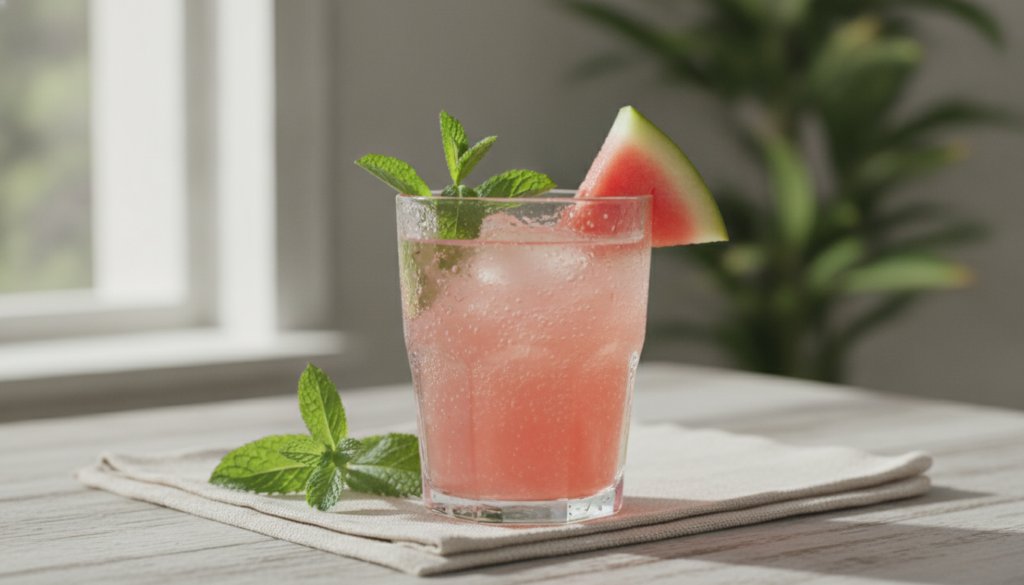 A vibrant pink watermelon mint electrolyte drink in a clear glass garnished with fresh mint leaves and a small watermelo