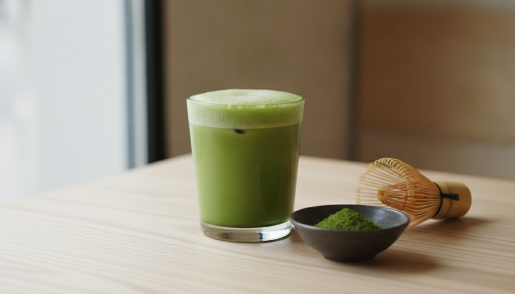 A vibrant green matcha focus drink in a clear glass showing a frothy top layer with a bamboo whisk and matcha powder nea