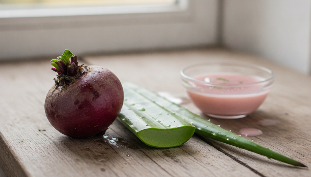 Close-up of fresh beetroot and a cut aloe vera leaf on a wooden surface with a small bowl of mixed beetroot and aloe ver