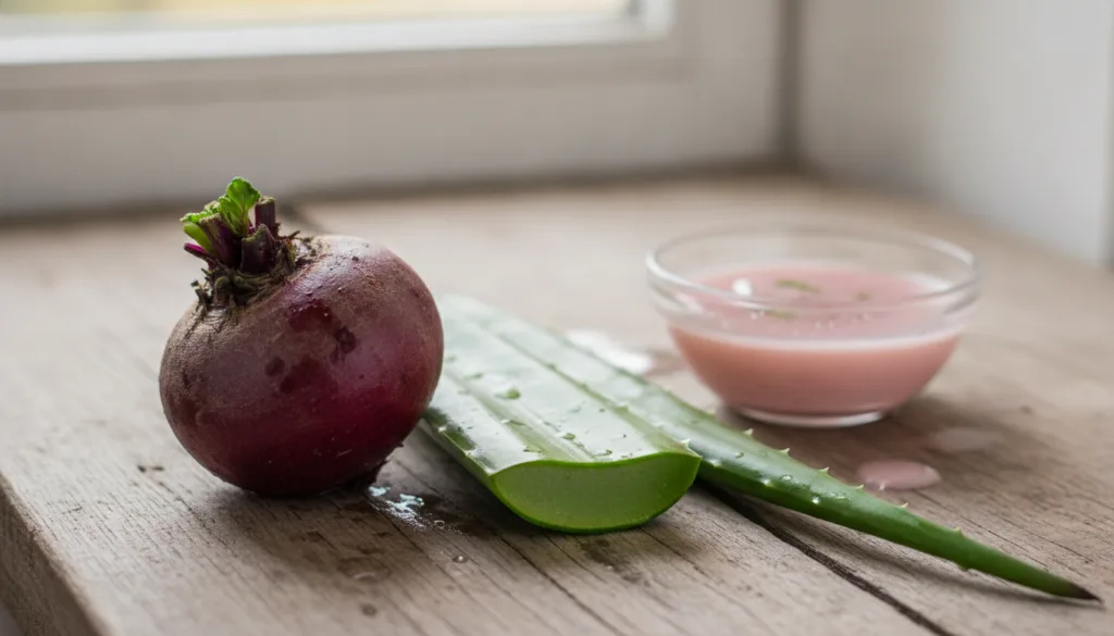 Close-up of fresh beetroot and a cut aloe vera leaf on a wooden surface with a small bowl of mixed beetroot and aloe ver