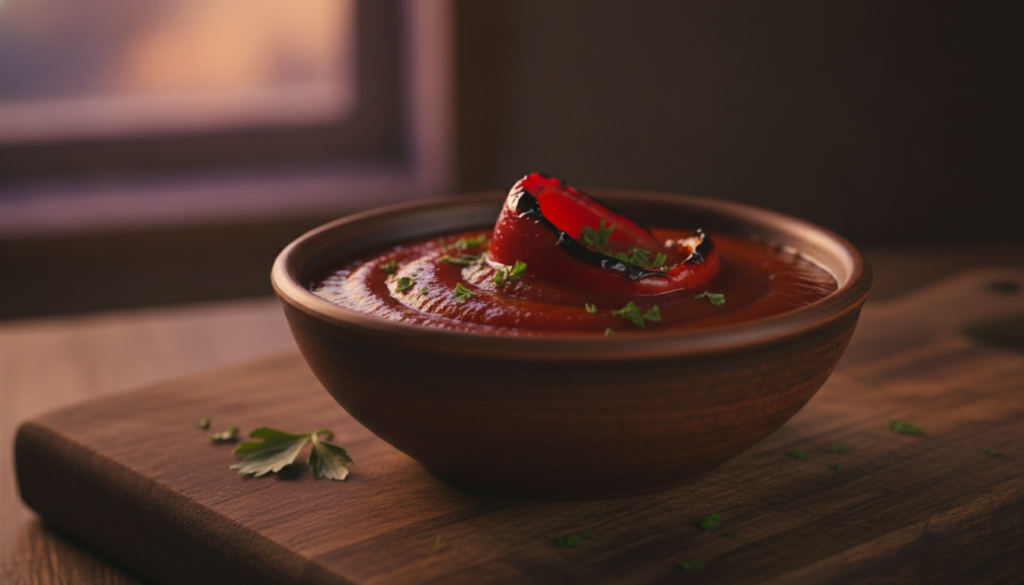 A rustic bowl of smoky roasted red pepper ketchup garnished with a roasted red pepper strip and fresh parsley on a dark