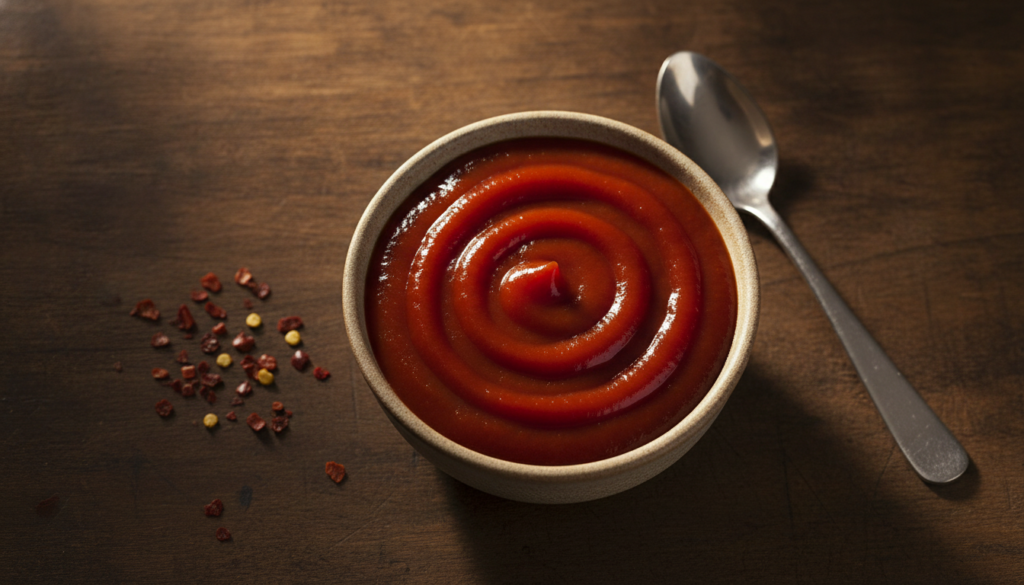 A small bowl of red spicy sriracha ketchup with a drizzle of sriracha on top next to a few chili flakes and a small spoo