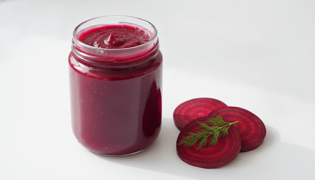 A vibrant purple-red beetroot ketchup in a glass jar with fresh beet slices and a sprig of dill on a white background