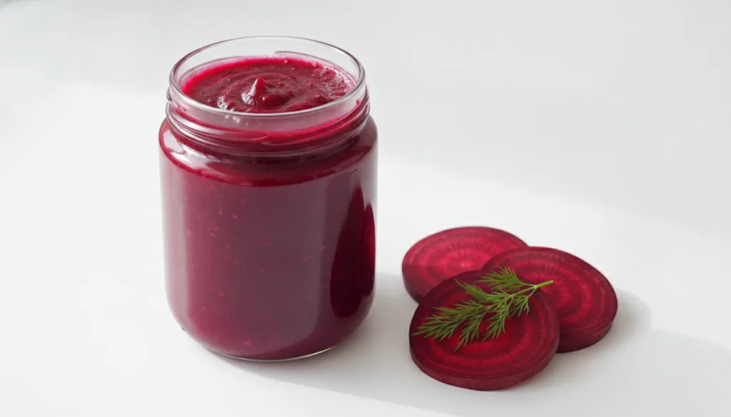 A vibrant purple-red beetroot ketchup in a glass jar with fresh beet slices and a sprig of dill on a white background