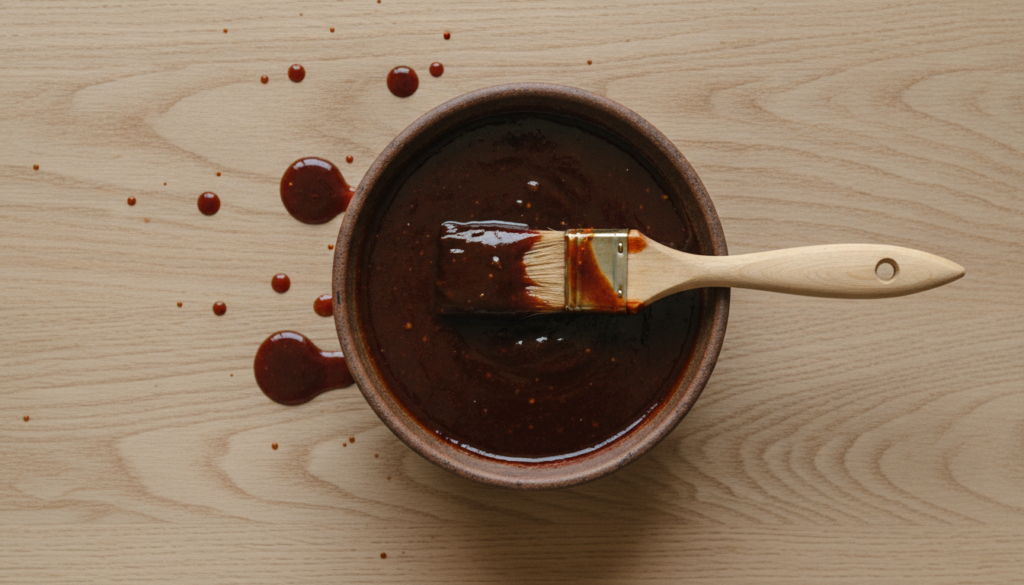 A rich dark homemade BBQ sauce in a small ceramic bowl with a basting brush and a few drops of sauce on a light wood bac