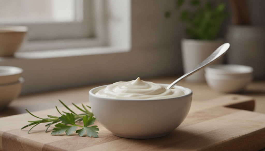 A smooth creamy cashew mayo in a small white bowl with a spoon garnished with a sprig of fresh herbs on a wooden board