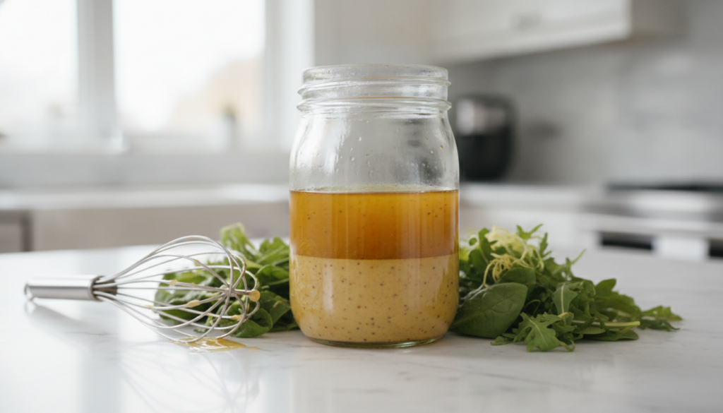 A clear glass jar of golden Dijon vinaigrette with distinct oil and vinegar layers next to a whisk and fresh green salad