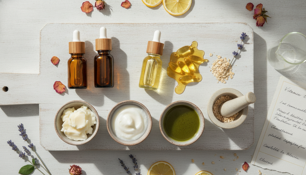 Various oils and vitamin E capsules laid out on a clean surface ready for mixing into a DIY facial blend
