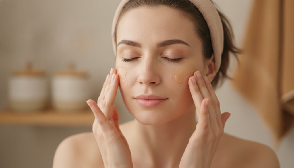 A woman gently massaging a small amount of facial oil onto her face focusing on her cheeks and forehead with a soft cont
