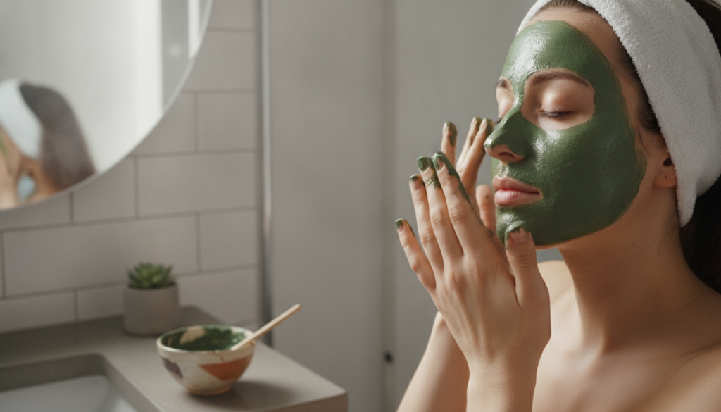 A person gently applying a natural green-tinted face mask possibly neem-based to their face with a serene expression The