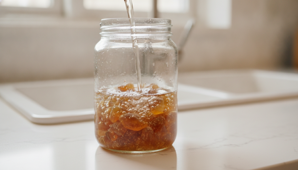A clean glass jar with frankincense resin pieces at the bottom and warm water being poured over them to infuse