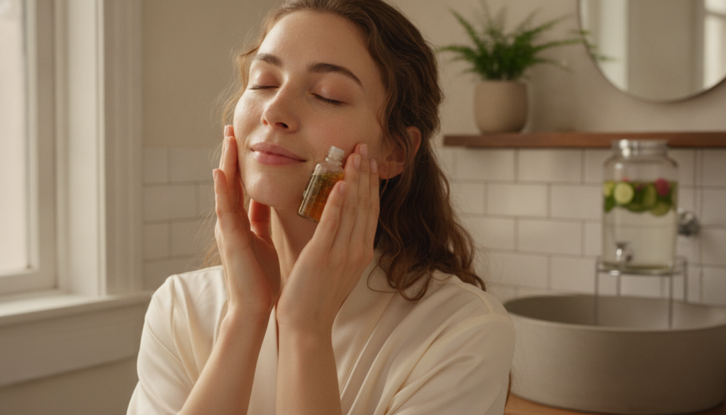 A woman gently patting frankincense water onto her face with her hands looking refreshed and serene