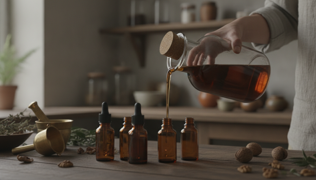 A close-up of a hand carefully pouring a dark liquid from a large jar into smaller amber dropper bottles The liquid is g