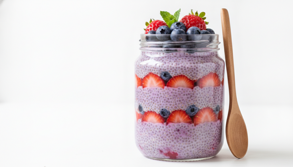 A clear glass jar filled with purple berry chia pudding layered with fresh strawberries and blueberries Styled on a whit